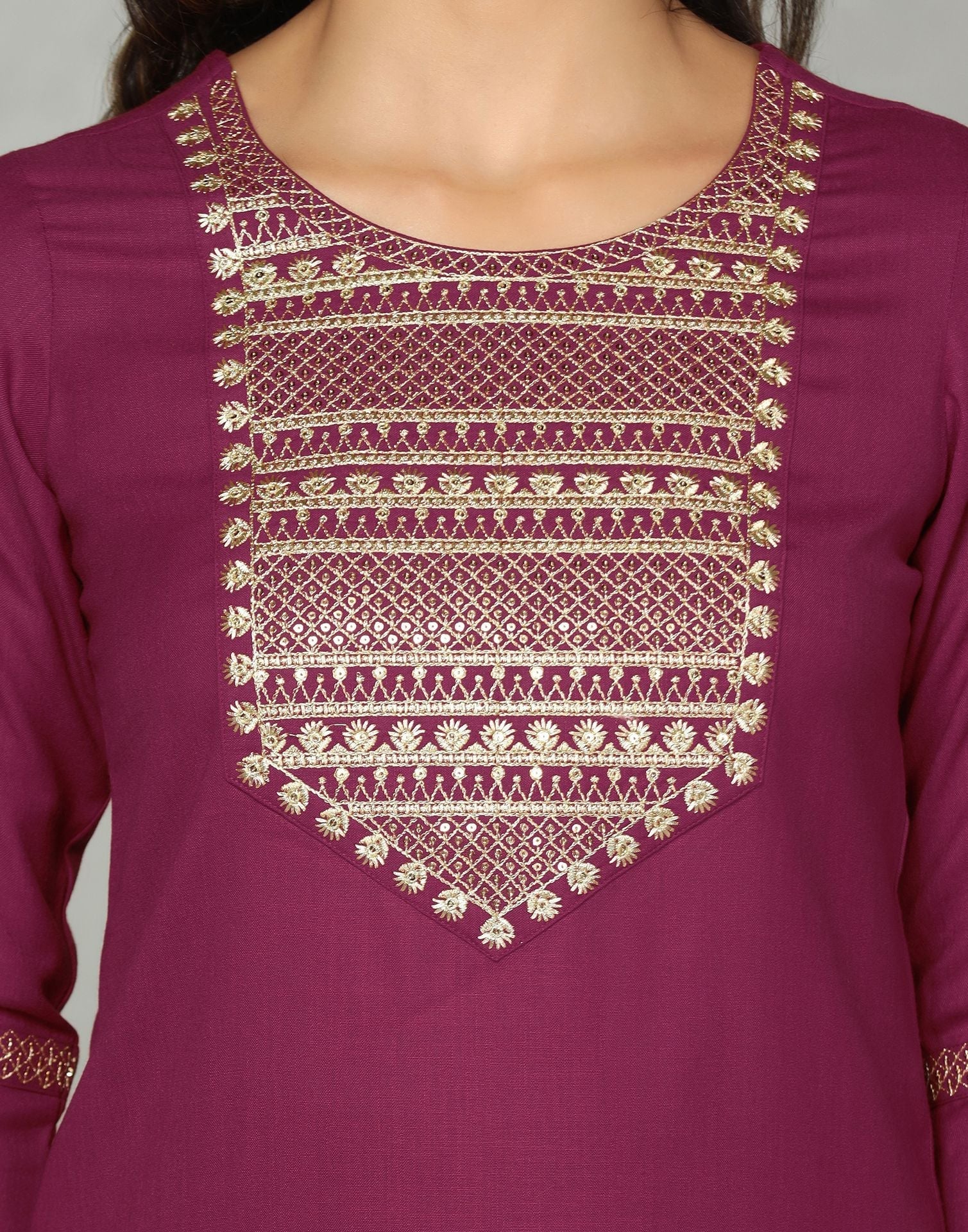 Maroon Cotton Embroidery Straight Kurti With Pant And Dupatta | Sudathi