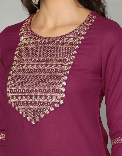 Maroon Cotton Embroidery Straight Kurti With Pant And Dupatta | Sudathi