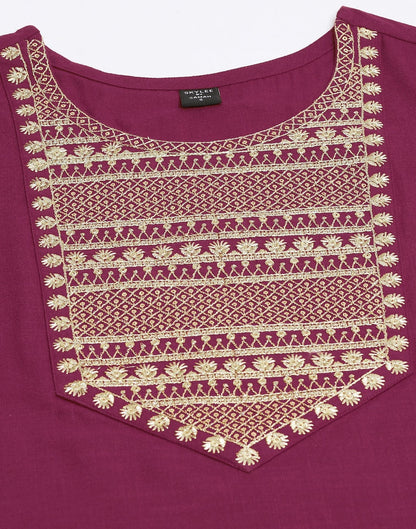 Maroon Cotton Embroidery Straight Kurti With Pant And Dupatta | Sudathi