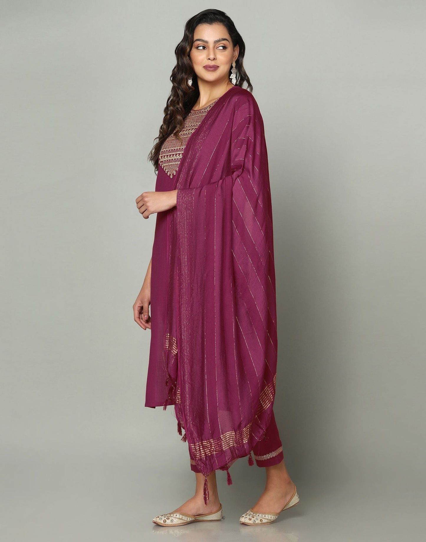 Maroon Cotton Embroidery Straight Kurti With Pant And Dupatta | Sudathi