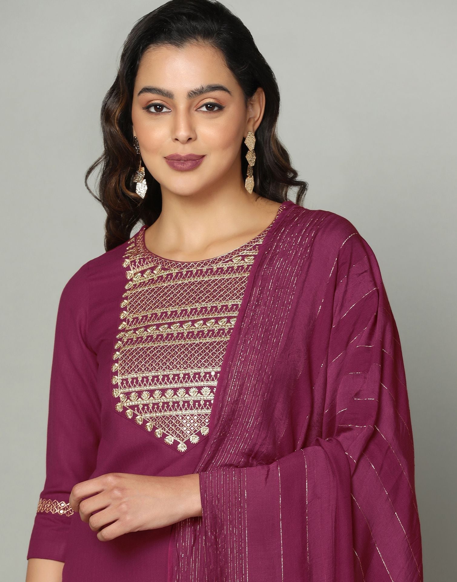 Maroon Cotton Embroidery Straight Kurti With Pant And Dupatta | Sudathi