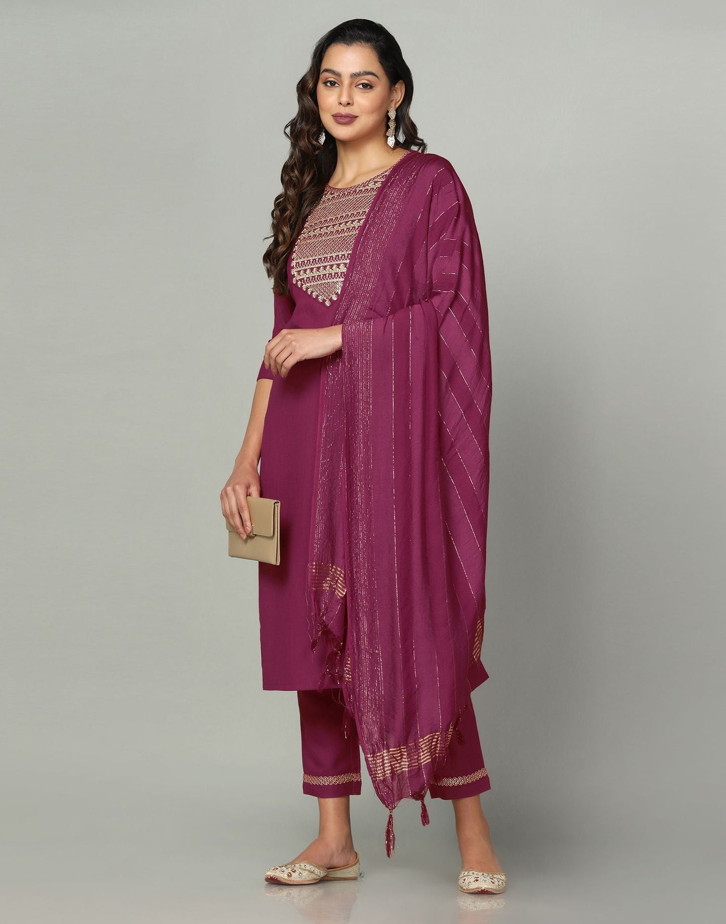 Maroon Cotton Embroidery Straight Kurti With Pant And Dupatta | Sudathi