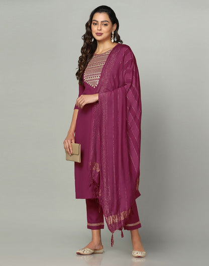 Maroon Cotton Embroidery Straight Kurti With Pant And Dupatta | Sudathi