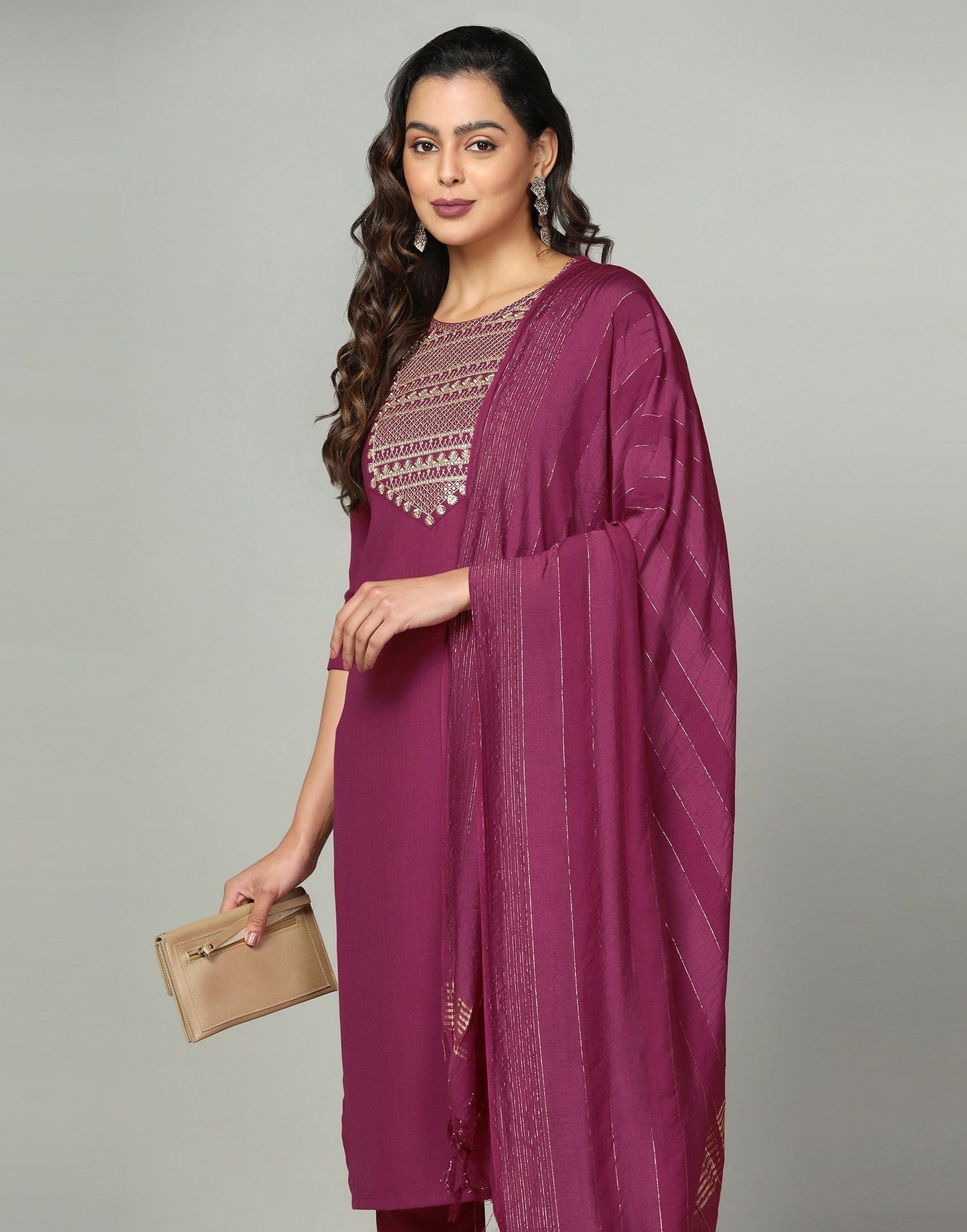 Maroon Cotton Embroidery Straight Kurti With Pant And Dupatta | Sudathi