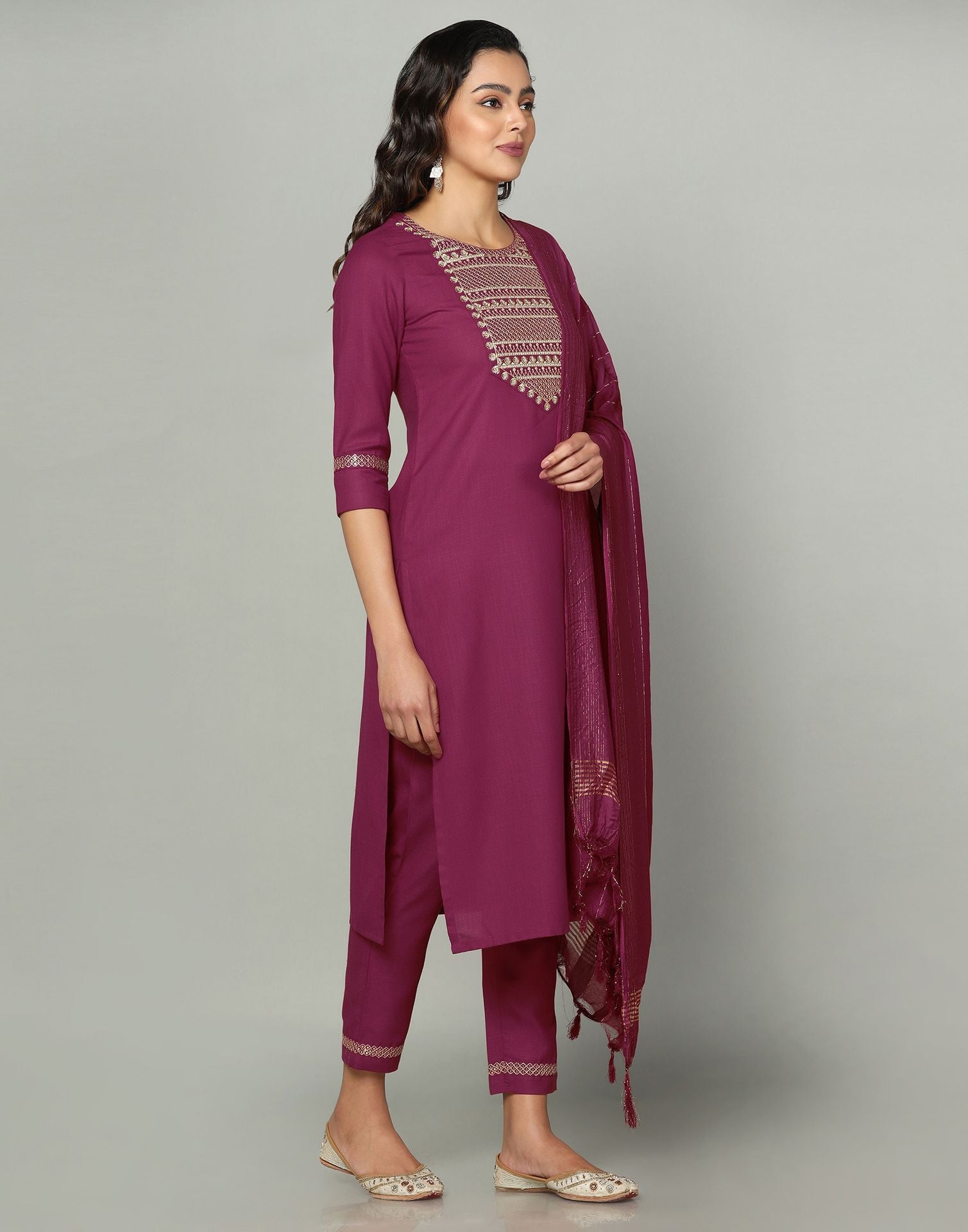 Maroon Cotton Embroidery Straight Kurti With Pant And Dupatta | Sudathi