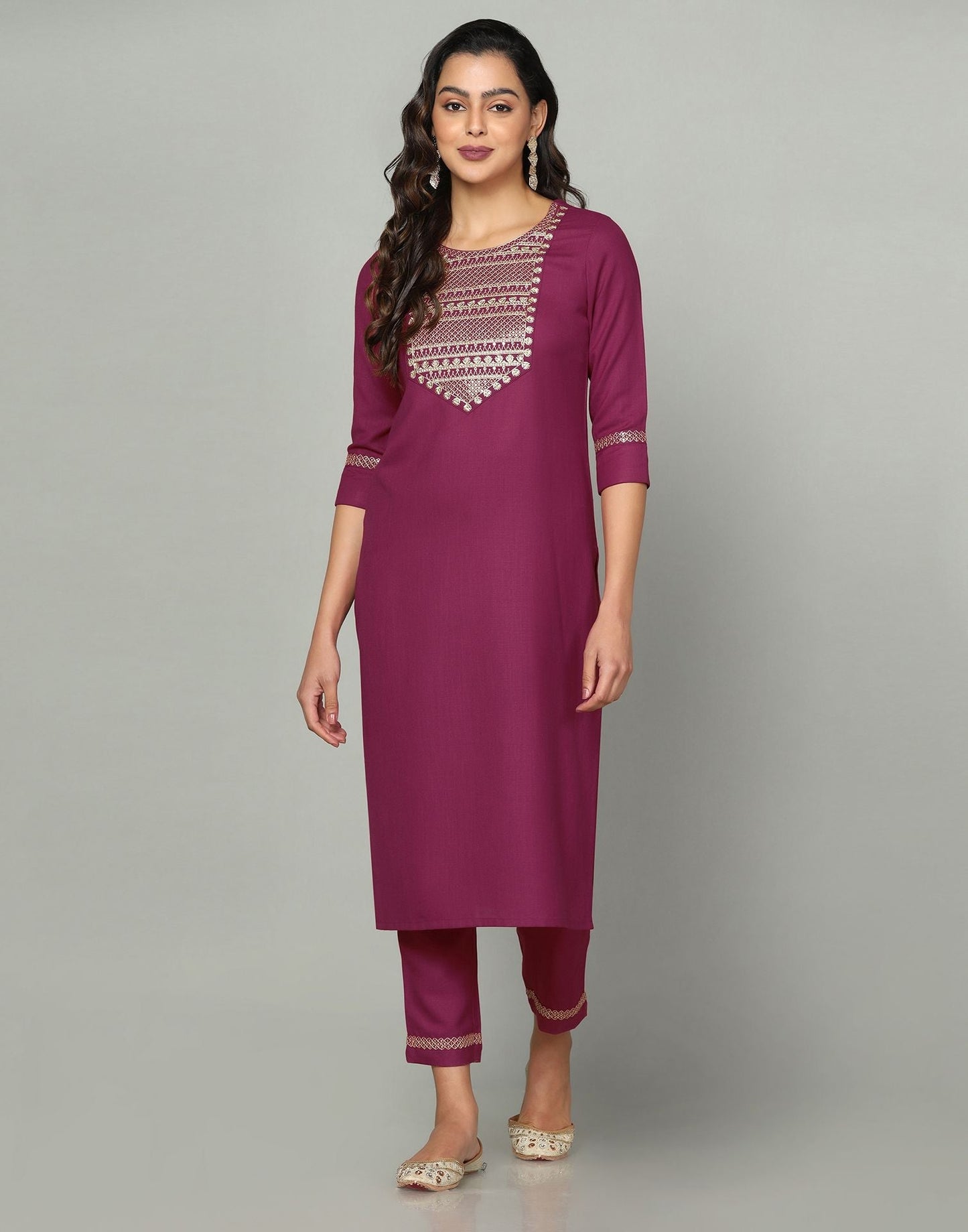 Maroon Cotton Embroidery Straight Kurti With Pant And Dupatta | Sudathi