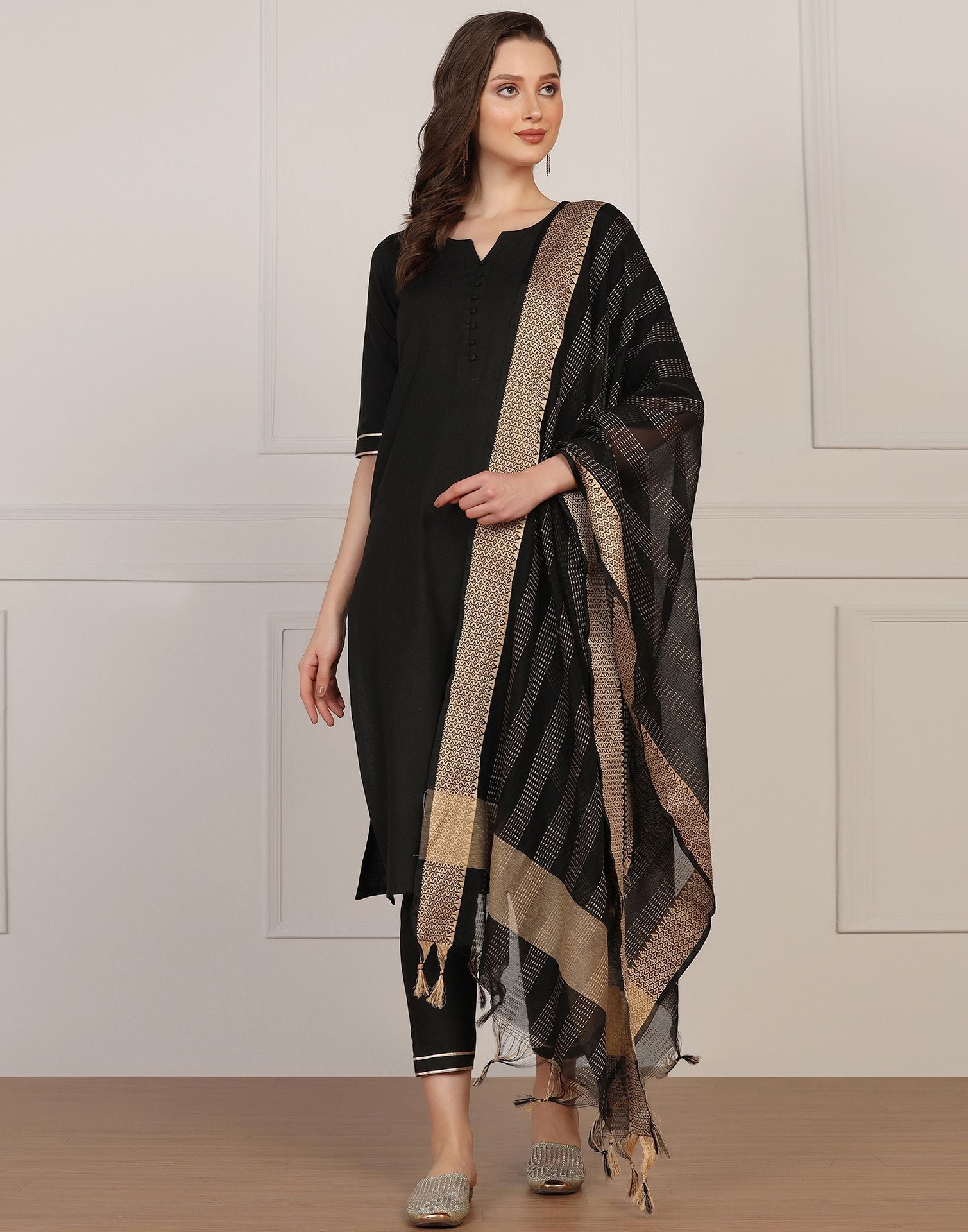 Black Cotton Kurti With Pant And Dupatta | Sudathi