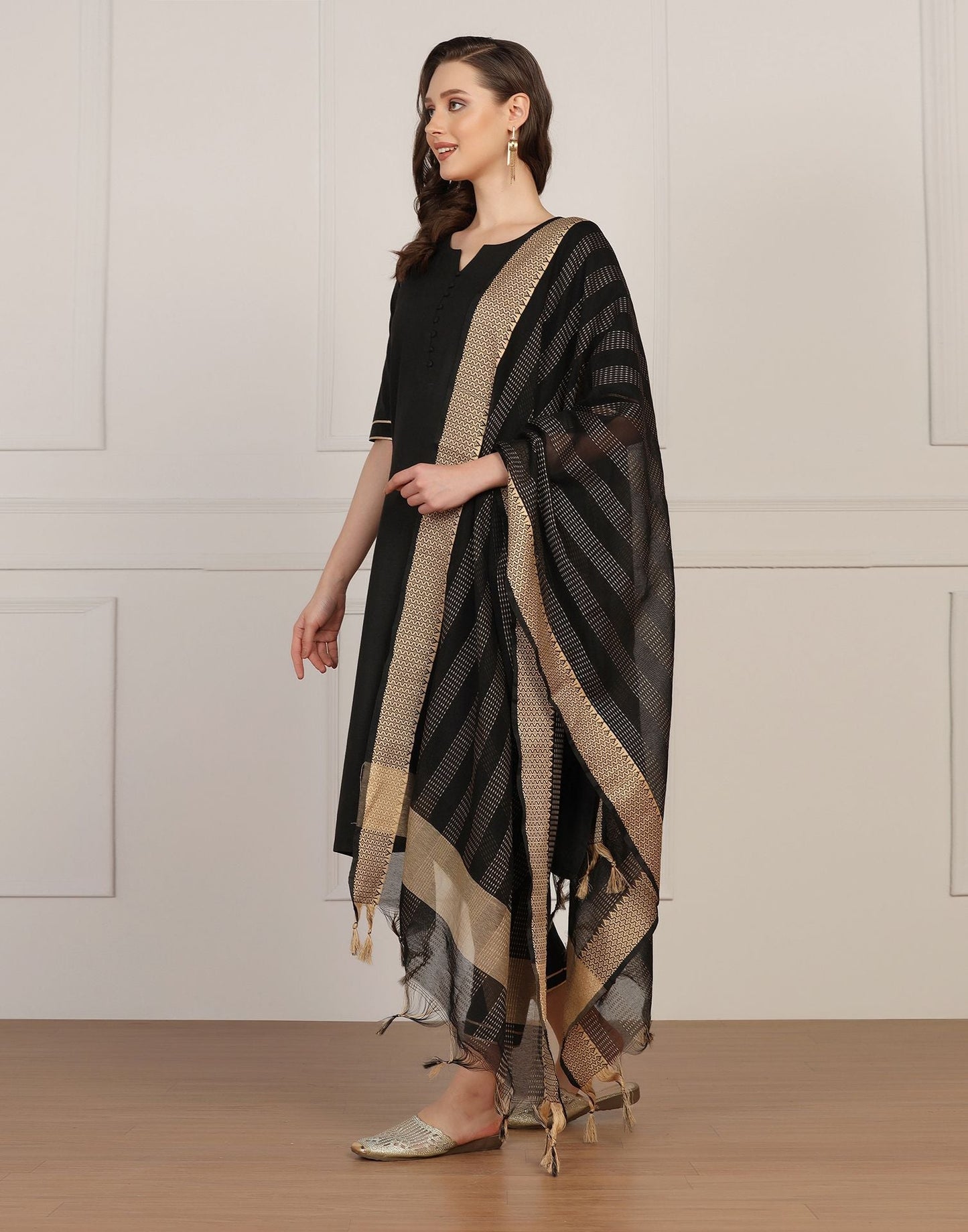 Black Cotton Kurti With Pant And Dupatta | Sudathi