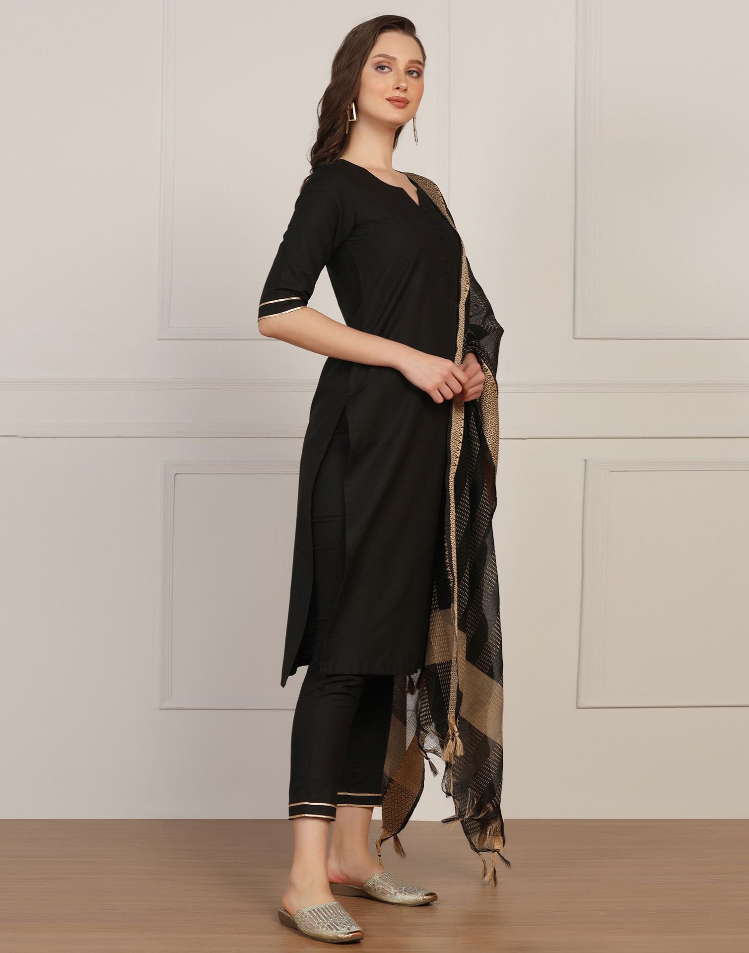 Black Cotton Kurti With Pant And Dupatta | Sudathi