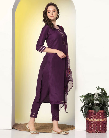 Wine Plain Chinnon Straight Kurta Set With Dupatta