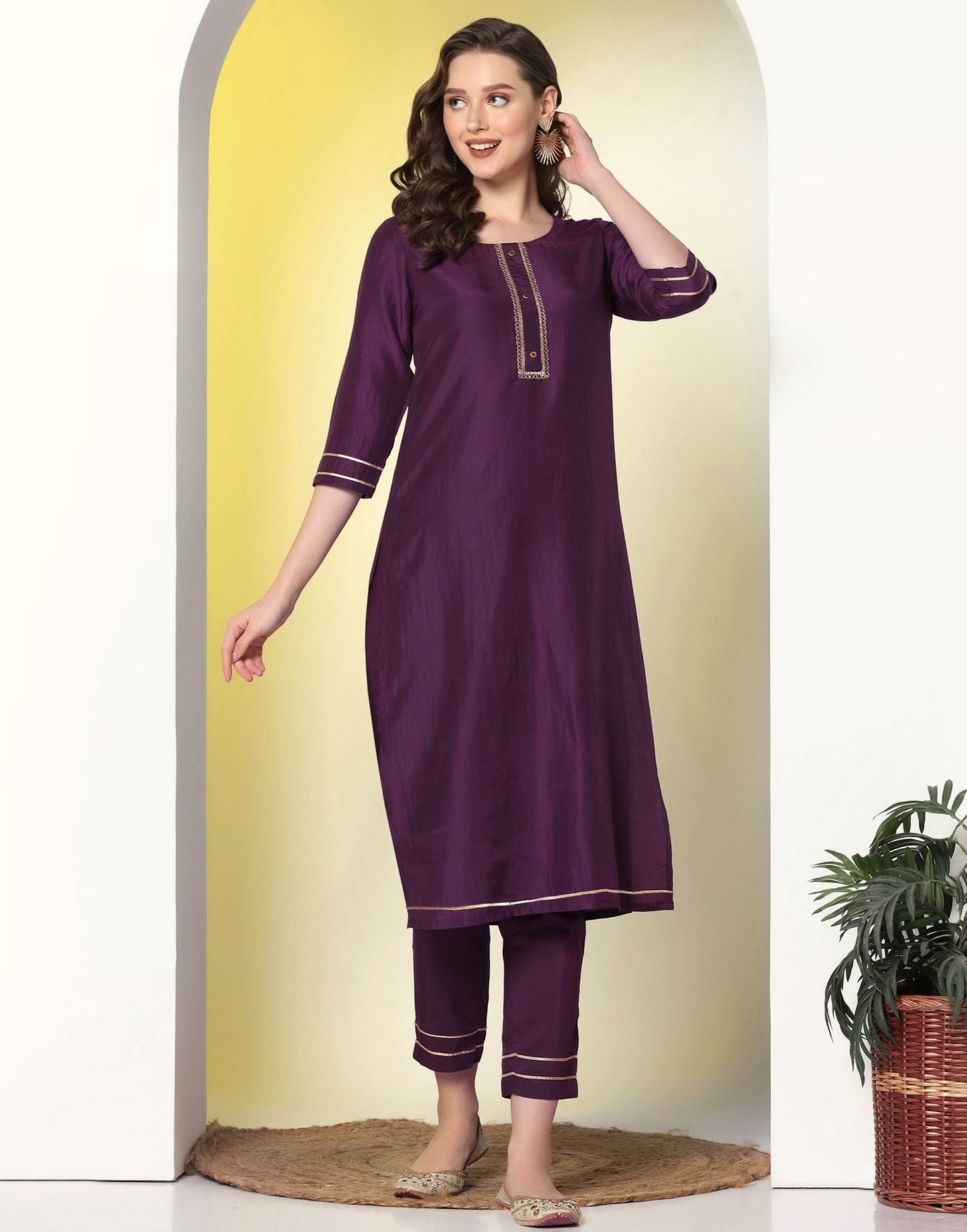 Wine Plain Chinnon Straight Kurta Set With Dupatta