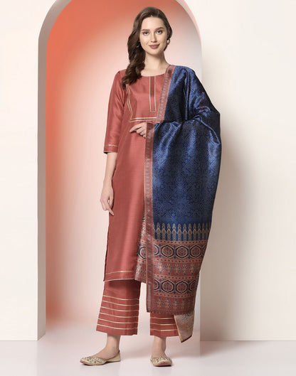 Chestnut Brown Plain Silk Straight Kurta Set With Dupatta