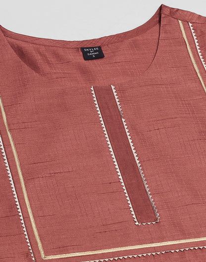 Chestnut Brown Plain Silk Straight Kurta Set With Dupatta
