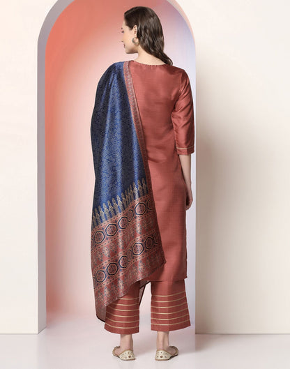 Chestnut Brown Plain Silk Straight Kurta Set With Dupatta