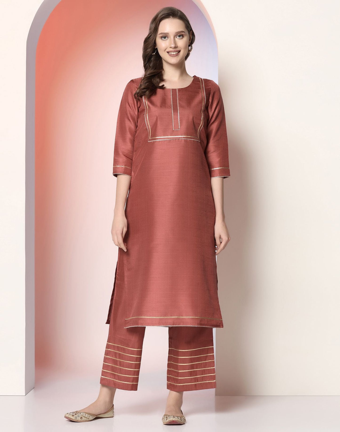 Chestnut Brown Plain Silk Straight Kurta Set With Dupatta