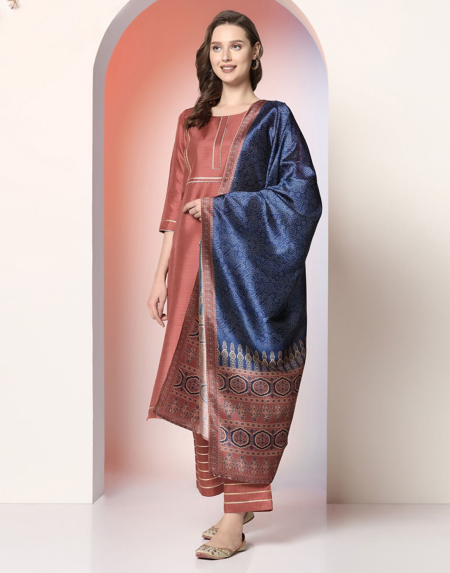 Chestnut Brown Plain Silk Straight Kurta Set With Dupatta