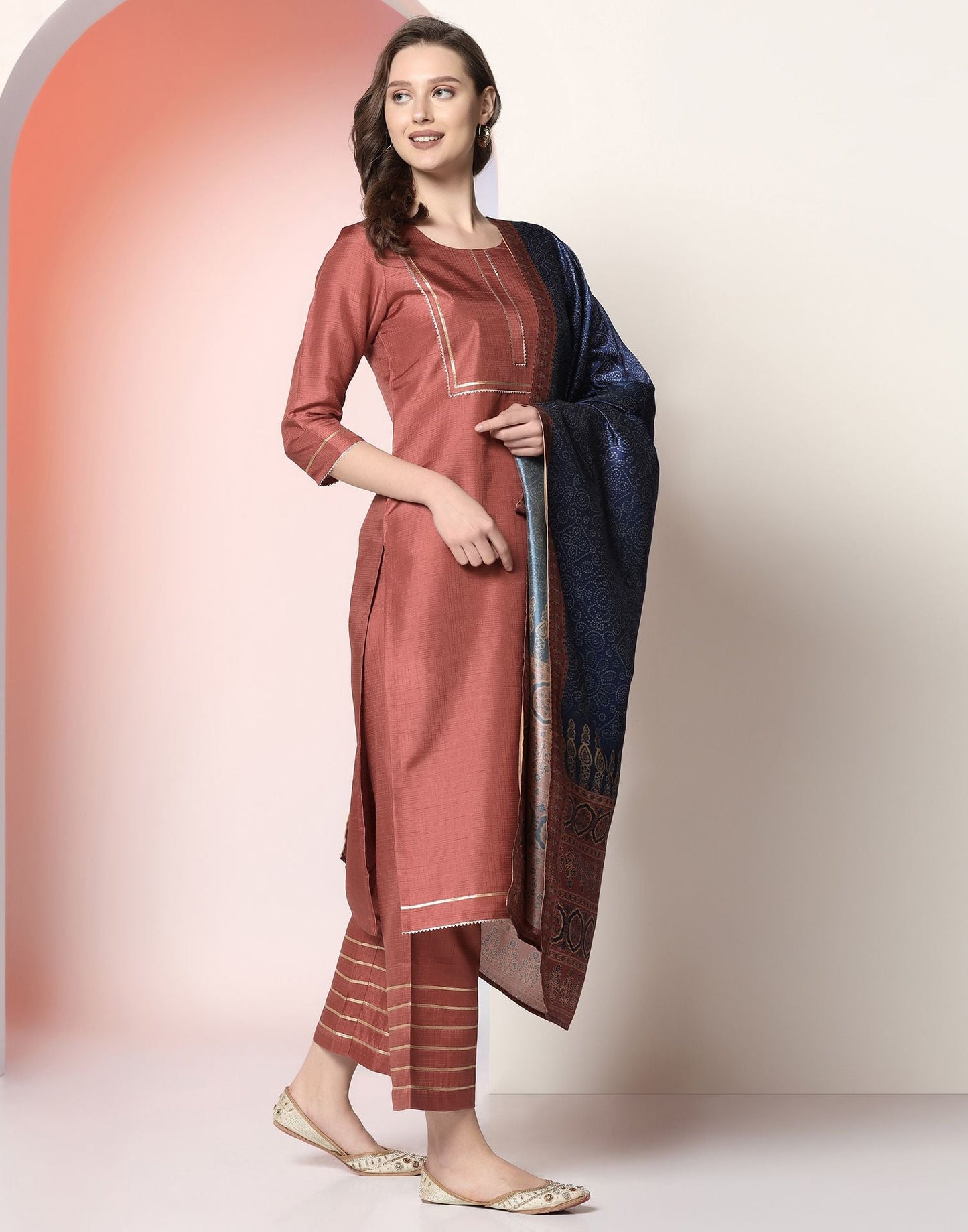 Chestnut Brown Plain Silk Straight Kurta Set With Dupatta