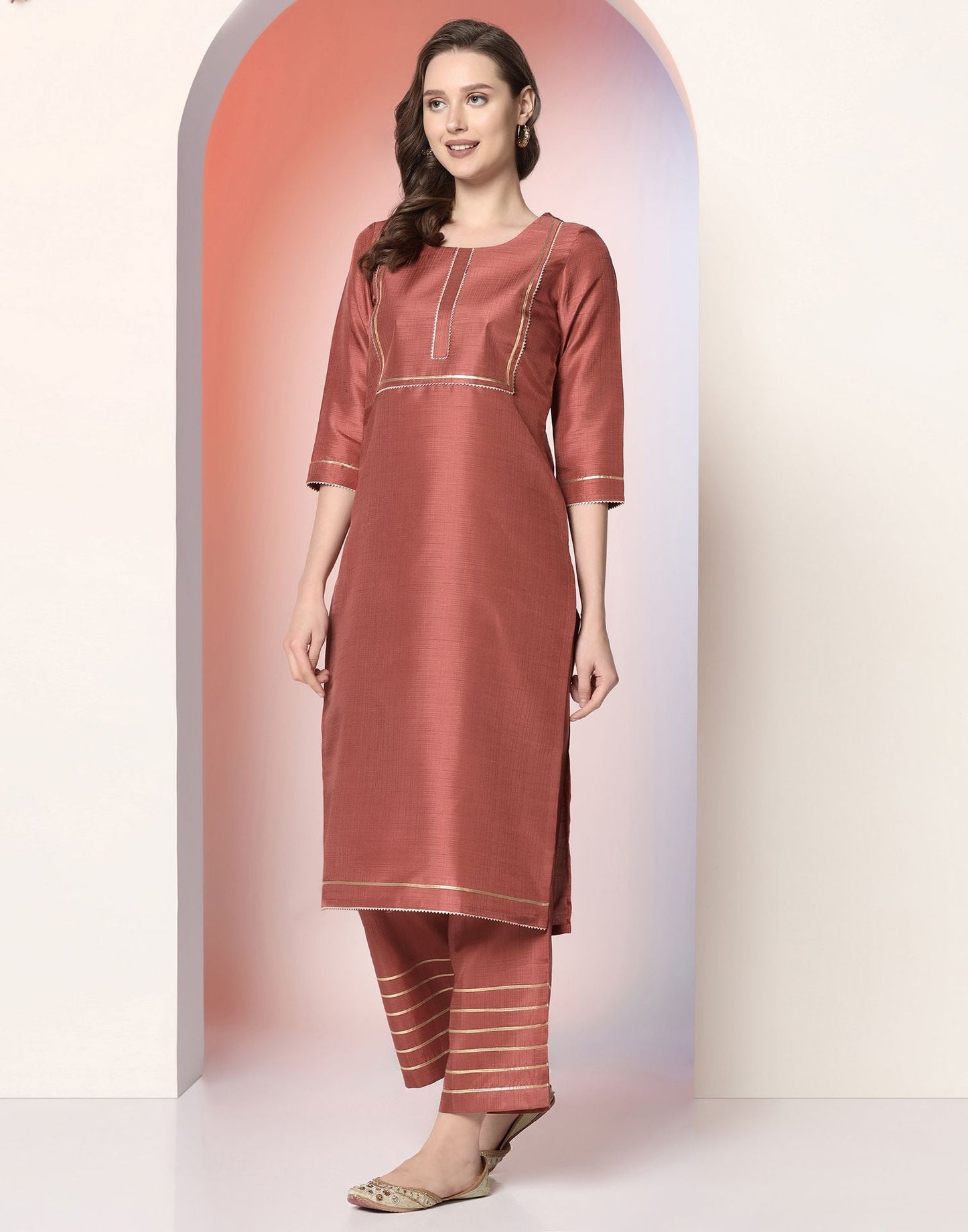 Chestnut Brown Plain Silk Straight Kurta Set With Dupatta