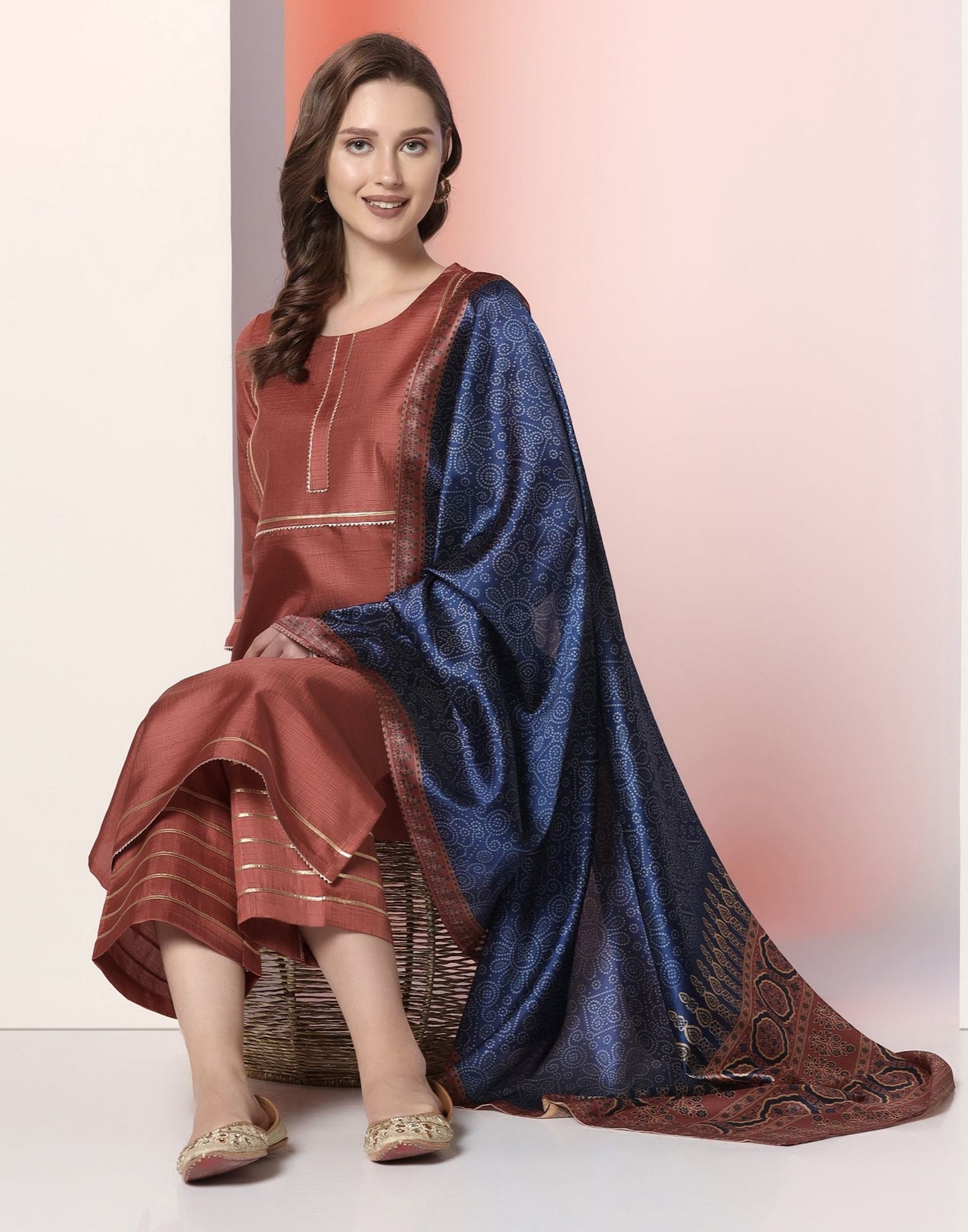 Chestnut Brown Plain Silk Straight Kurta Set With Dupatta