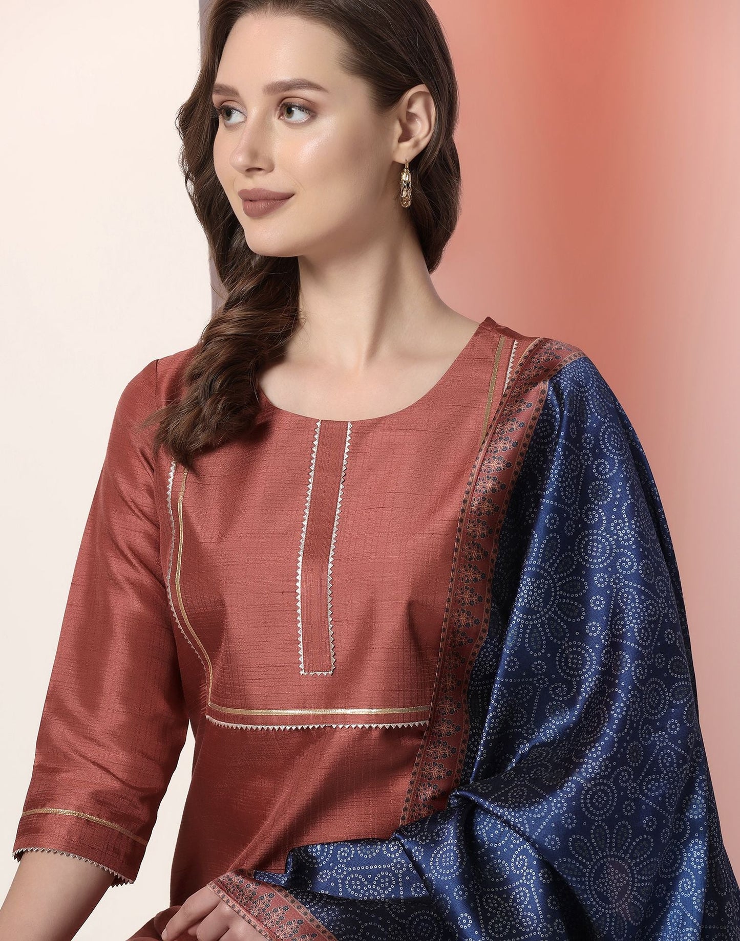 Chestnut Brown Plain Silk Straight Kurta Set With Dupatta