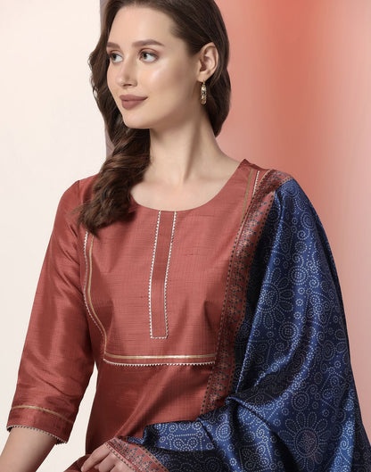 Chestnut Brown Plain Silk Straight Kurta Set With Dupatta