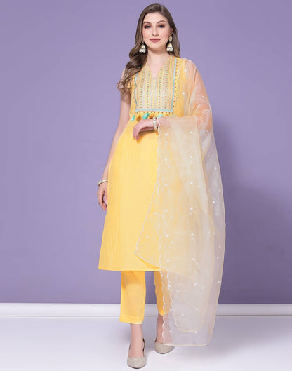 Yellow Embroidery Kurta with Pant and Dupatta | Leemboodi