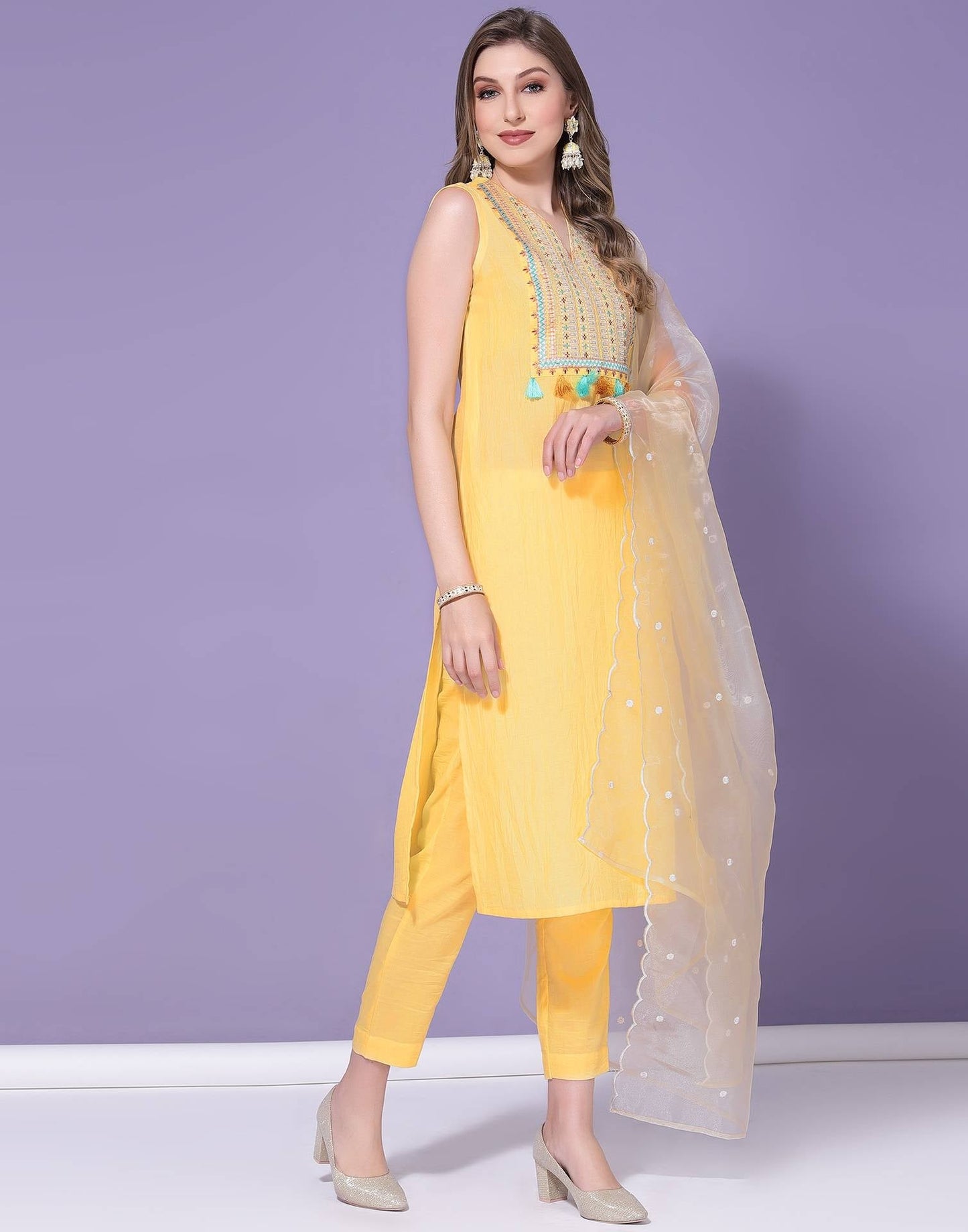 Yellow Embroidery Kurta with Pant and Dupatta | Leemboodi