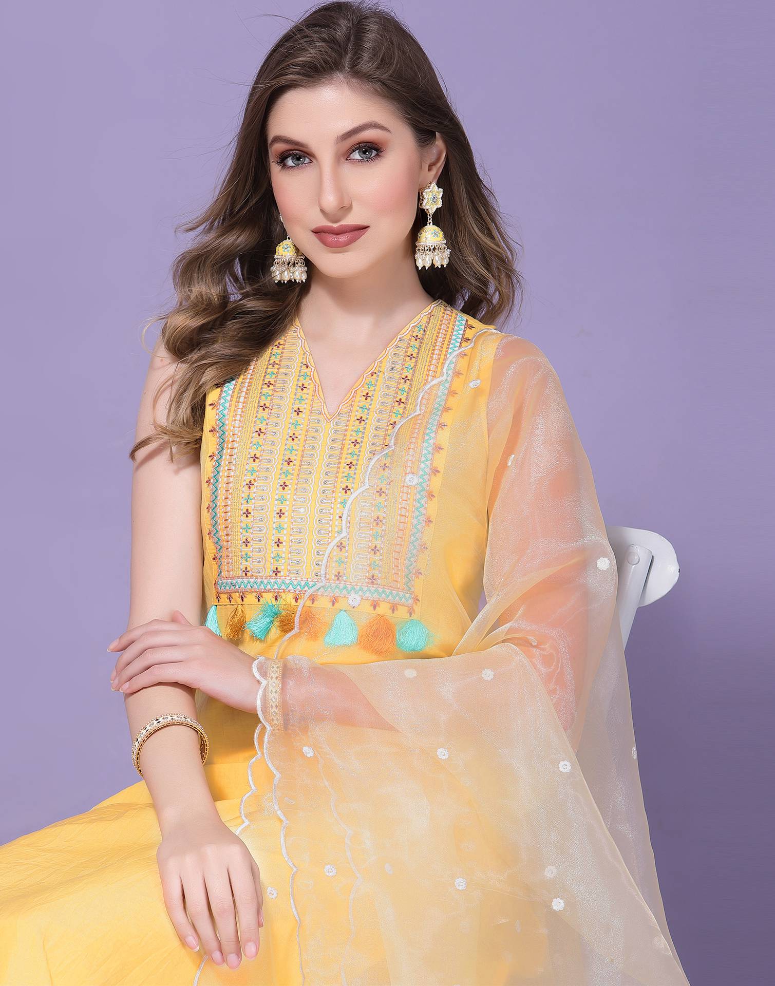 Yellow Embroidery Kurta with Pant and Dupatta | Leemboodi