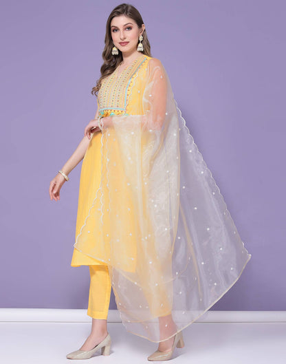 Yellow Embroidery Kurta with Pant and Dupatta | Leemboodi