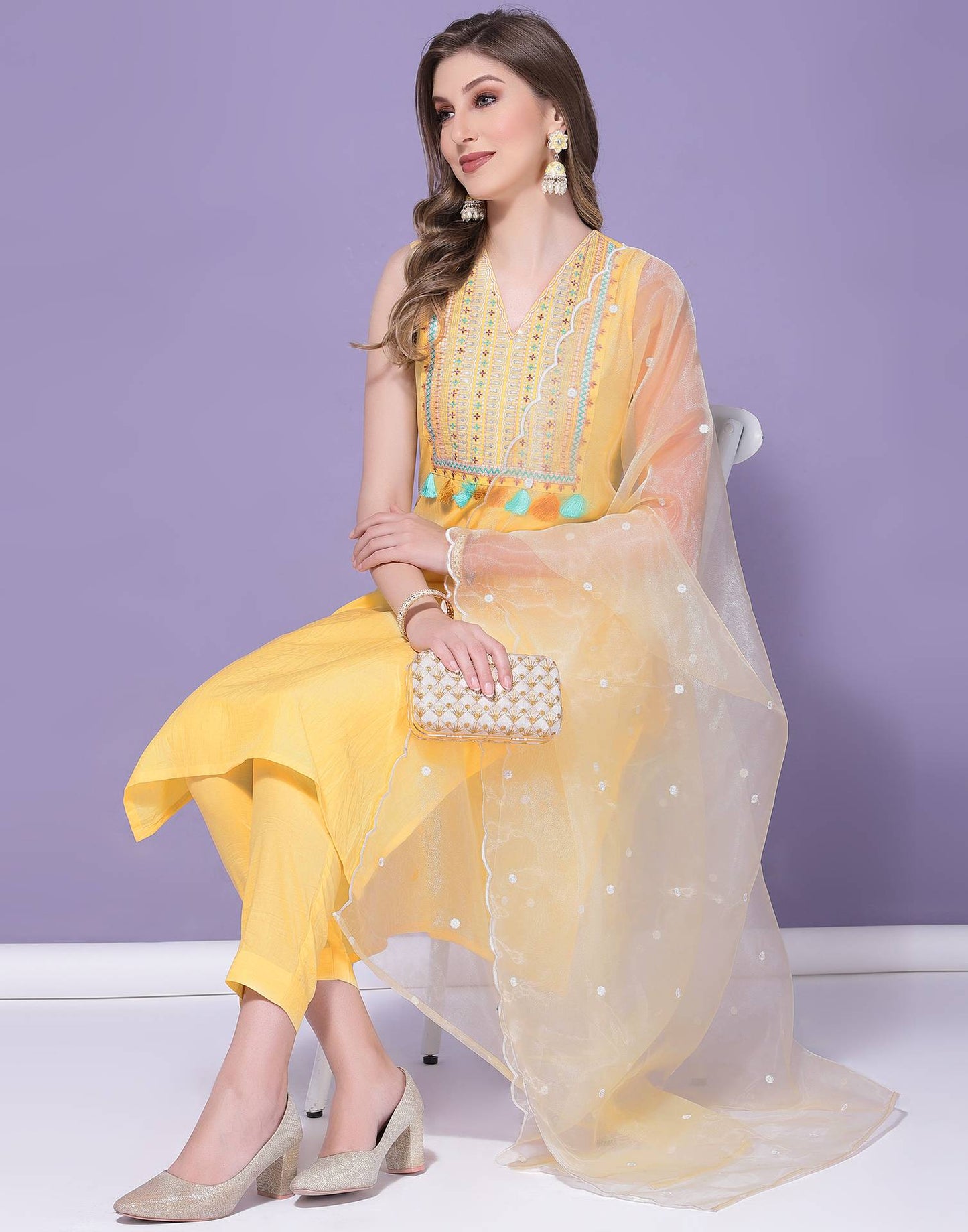 Yellow Embroidery Kurta with Pant and Dupatta | Leemboodi