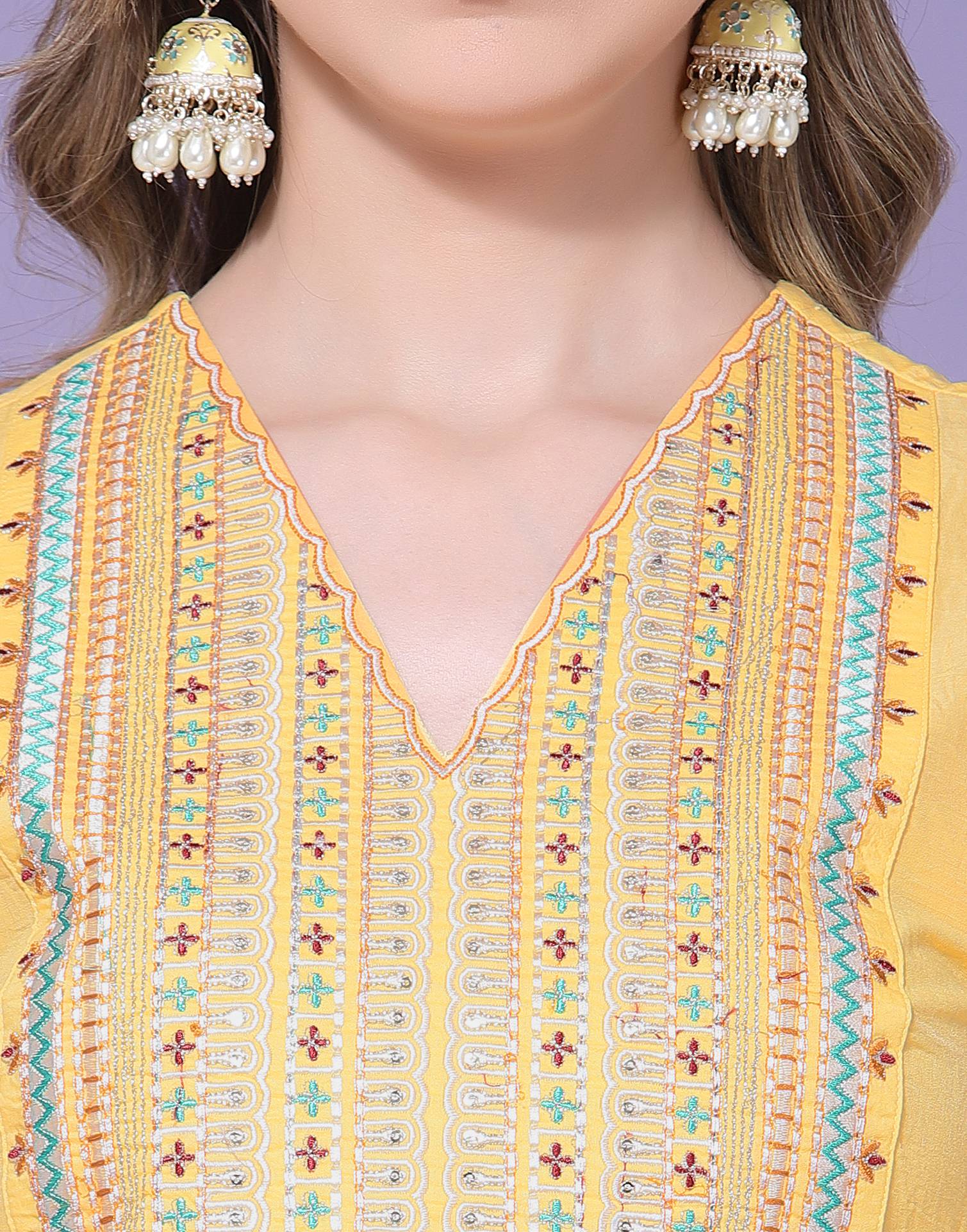 Yellow Embroidery Kurta with Pant and Dupatta | Leemboodi