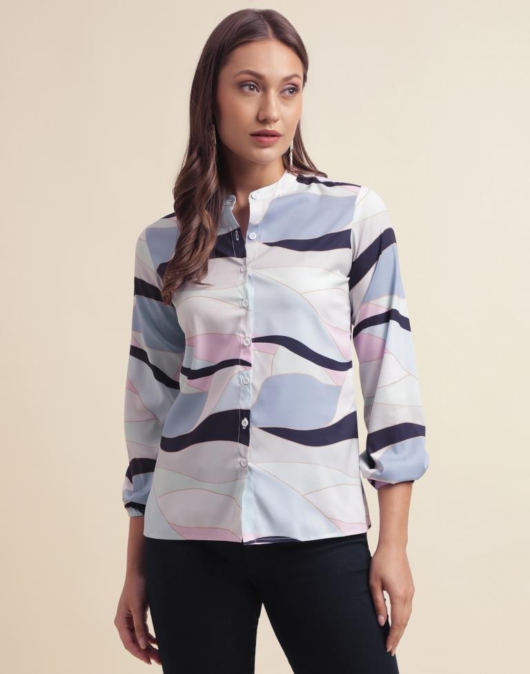 Sky Blue Polyester Printed Shirt | Sudathi