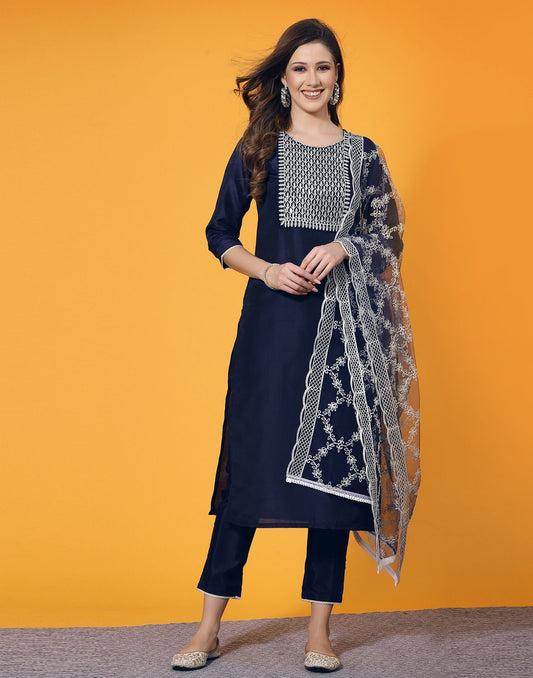 Navy Blue Embroidery Kurti With Pant And Dupatta | Leemboodi