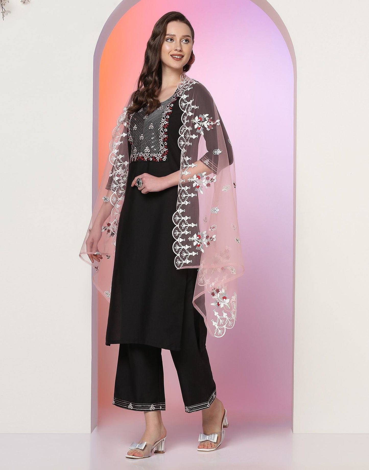 Black Embroidery Kurti With Pant And Dupatta | Leemboodi