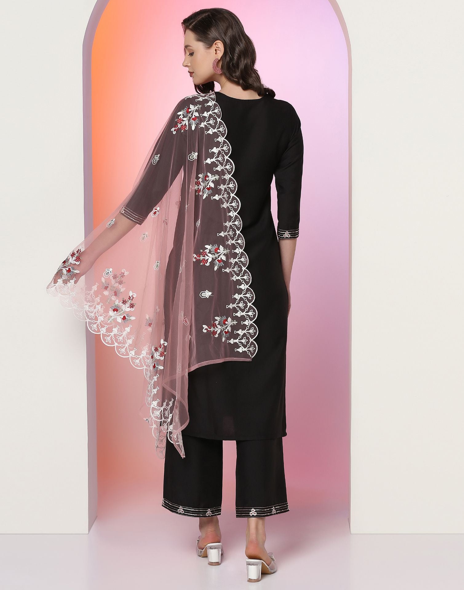 Black Embroidery Kurti With Pant And Dupatta | Leemboodi