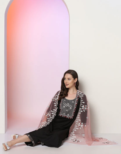 Black Embroidery Kurti With Pant And Dupatta | Leemboodi