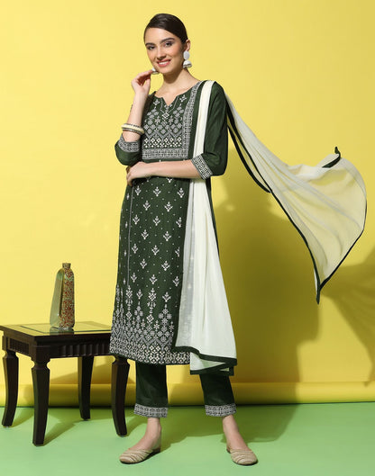 Green Chinnon Printed Straight Kurti With Pant And Dupatta | Sudathi