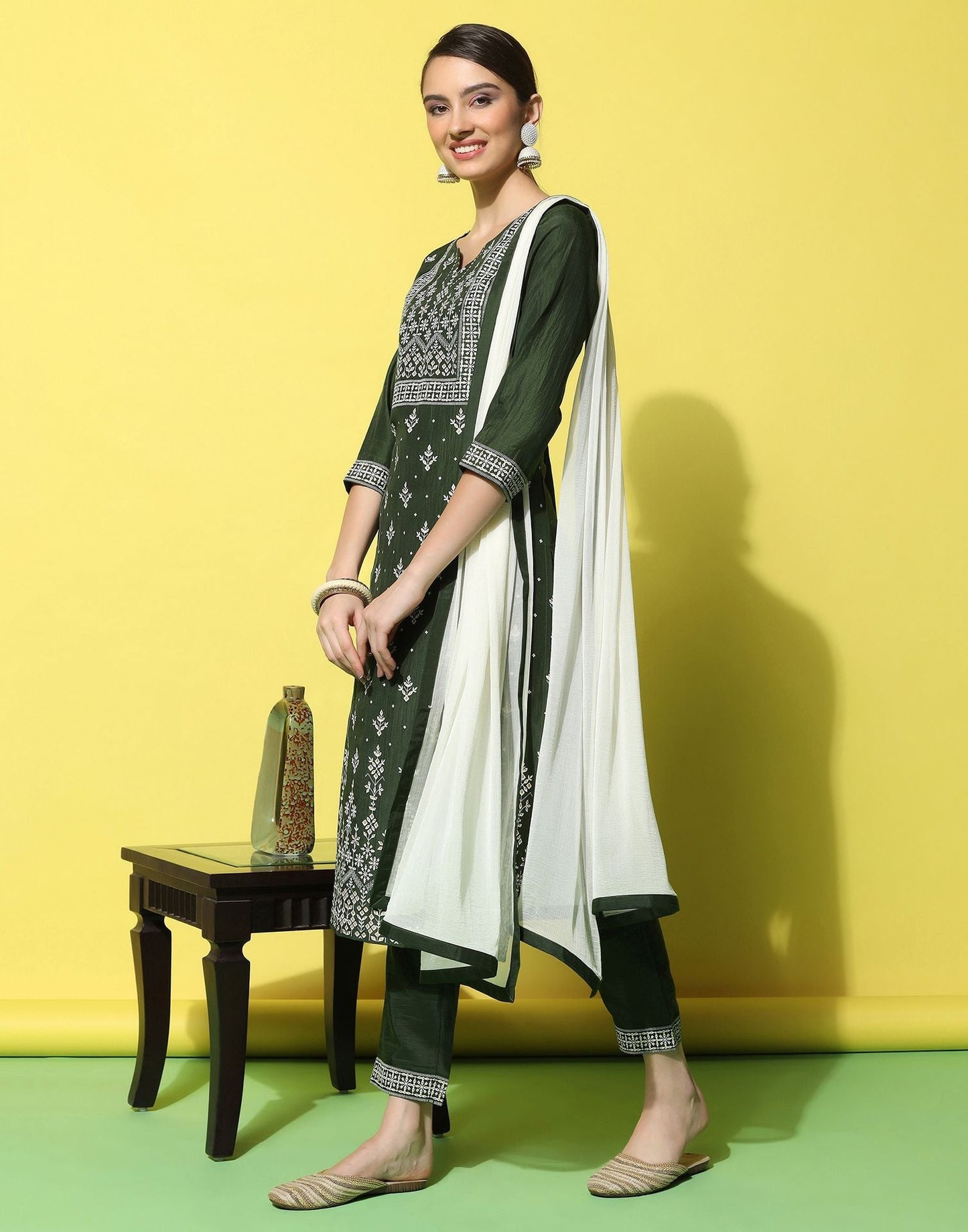 Green Chinnon Printed Straight Kurti With Pant And Dupatta | Sudathi