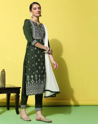 Green Chinnon Printed Straight Kurti With Pant And Dupatta | Sudathi