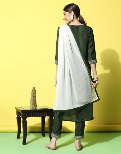 Green Chinnon Printed Straight Kurti With Pant And Dupatta | Sudathi