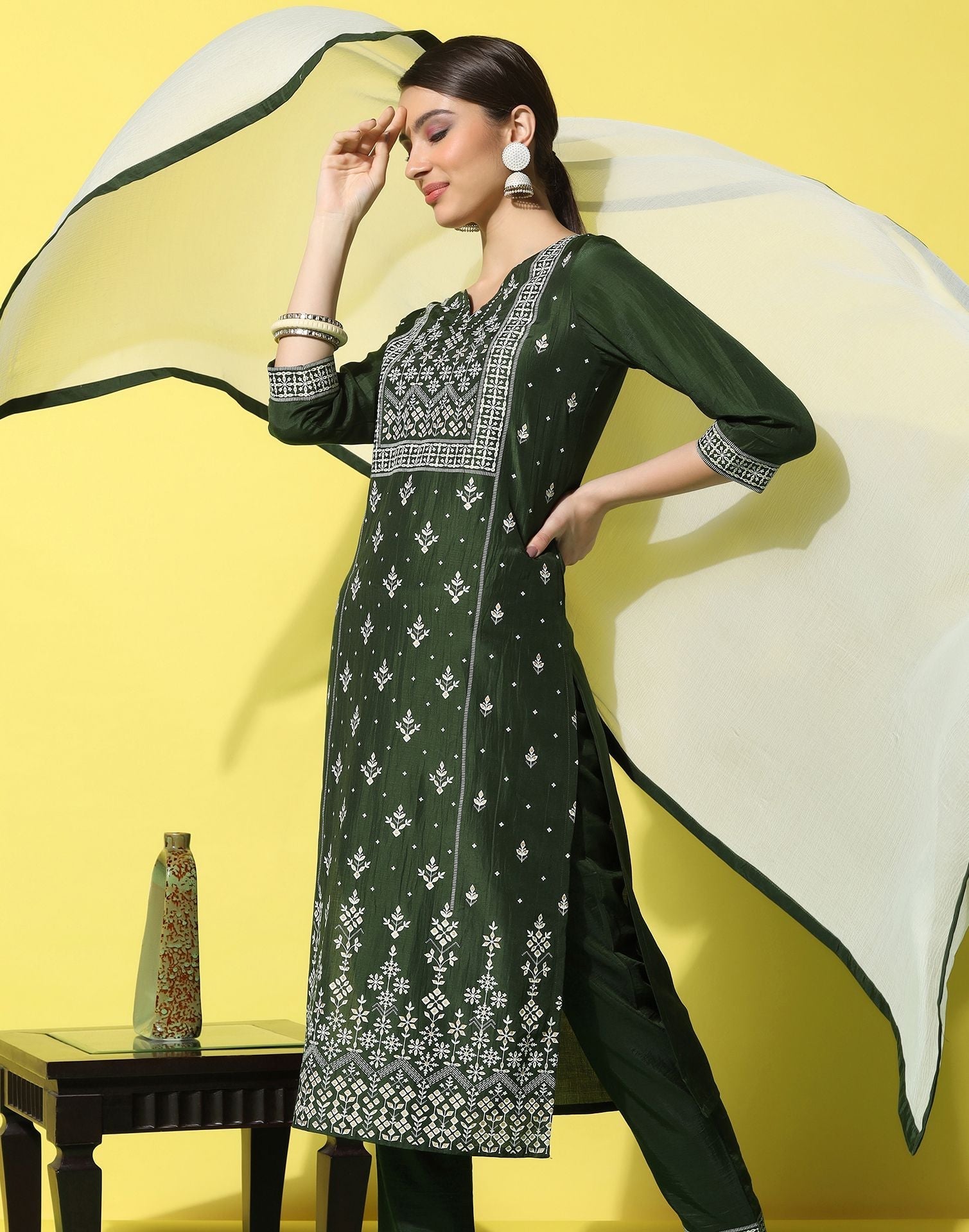 Green Chinnon Printed Straight Kurti With Pant And Dupatta | Sudathi