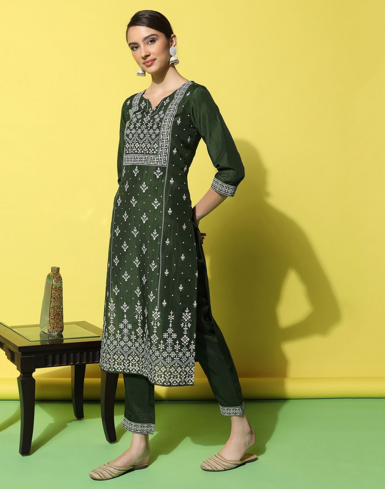 Green Chinnon Printed Straight Kurti With Pant And Dupatta | Sudathi