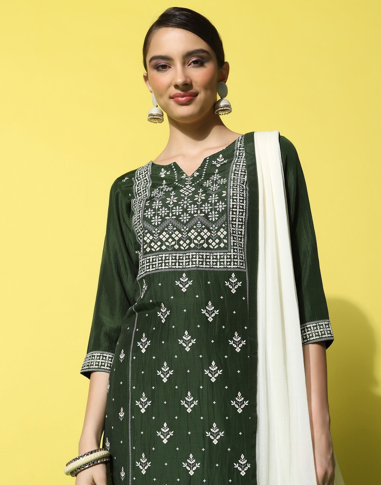 Green Chinnon Printed Straight Kurti With Pant And Dupatta | Sudathi