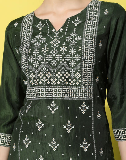 Green Chinnon Printed Straight Kurti With Pant And Dupatta | Sudathi