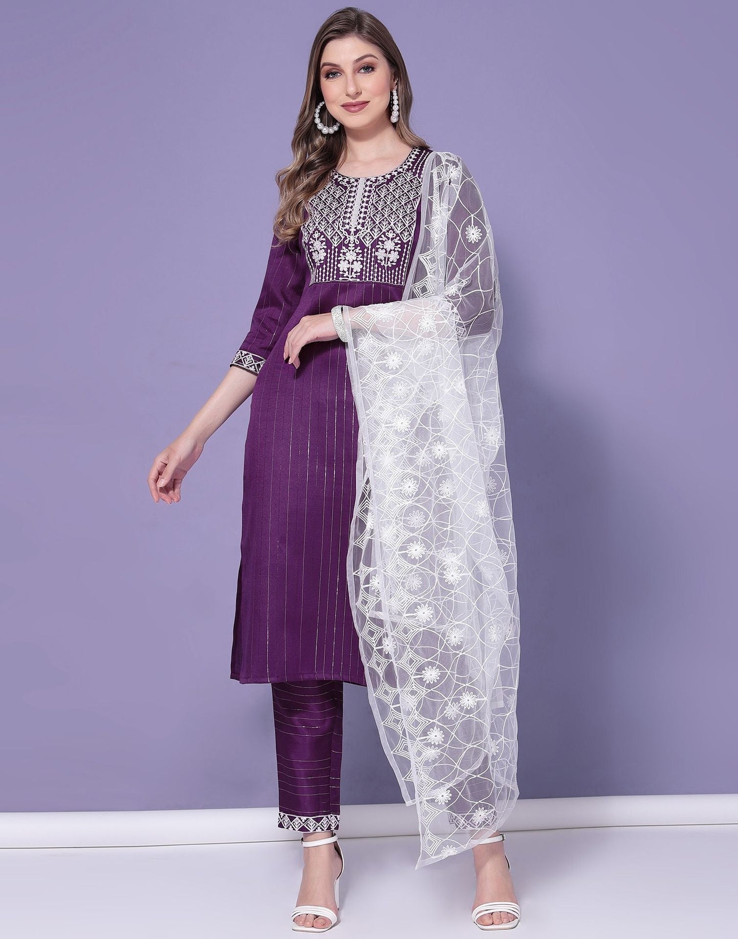 Wine Cotton Embroidery Straight Kurti With Pant And Dupatta | Sudathi