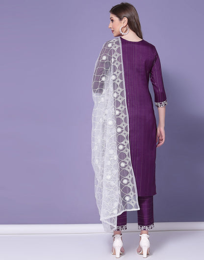 Wine Cotton Embroidery Straight Kurti With Pant And Dupatta | Sudathi