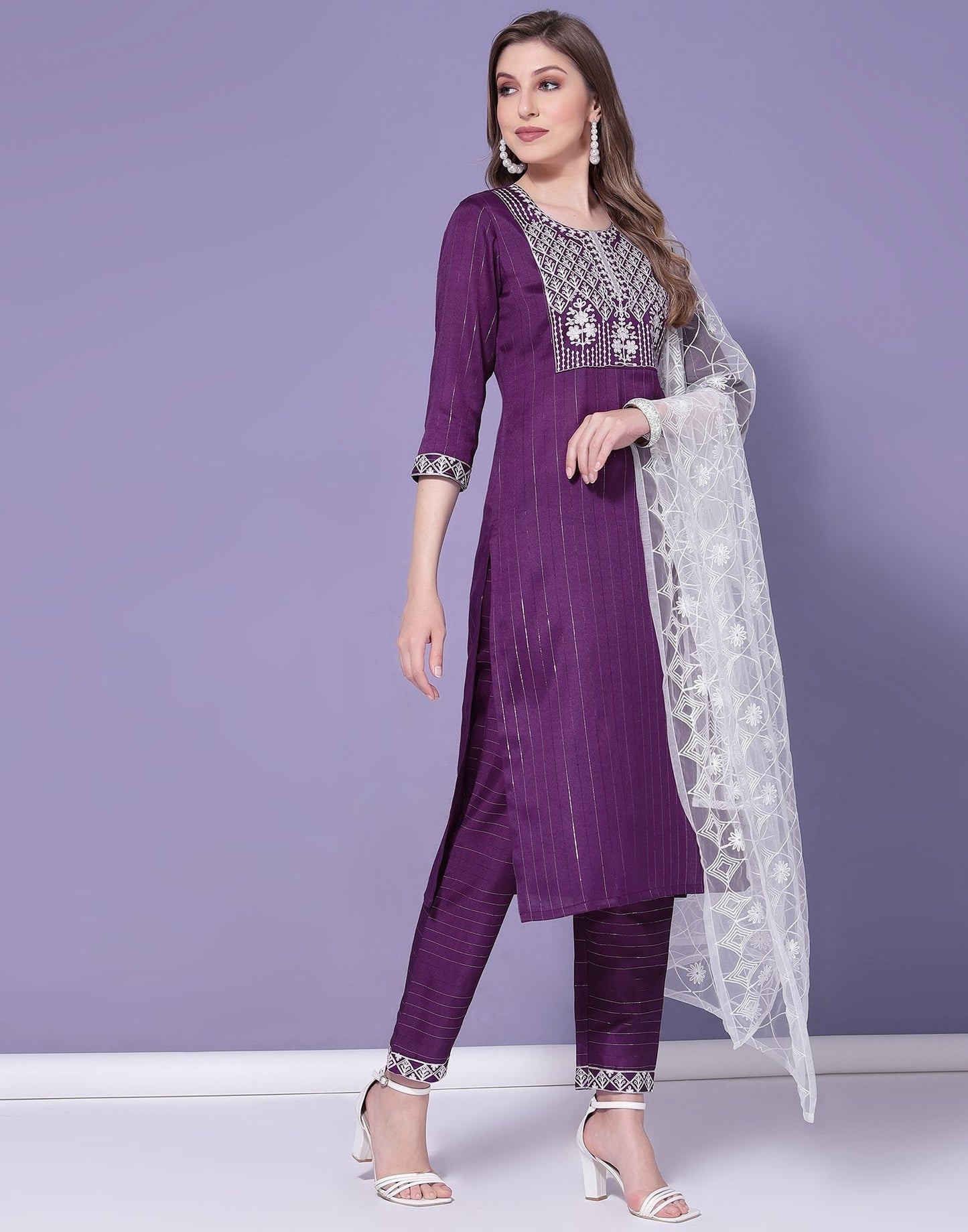 Wine Cotton Embroidery Straight Kurti With Pant And Dupatta | Sudathi