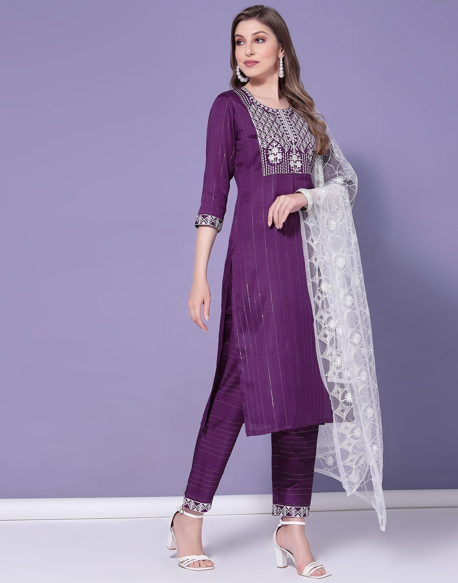 Wine Cotton Embroidery Straight Kurti With Pant And Dupatta | Sudathi