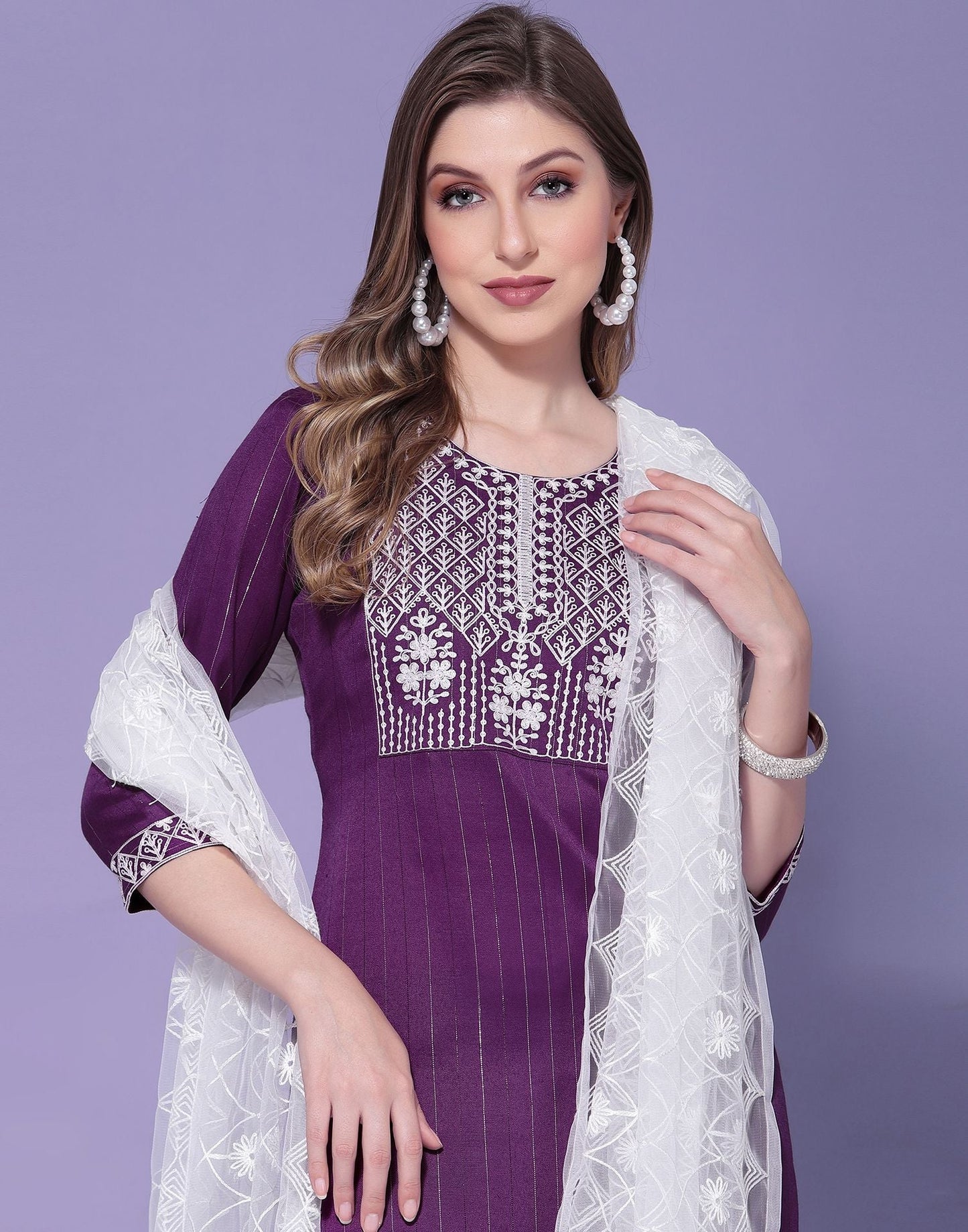 Wine Cotton Embroidery Straight Kurti With Pant And Dupatta | Sudathi