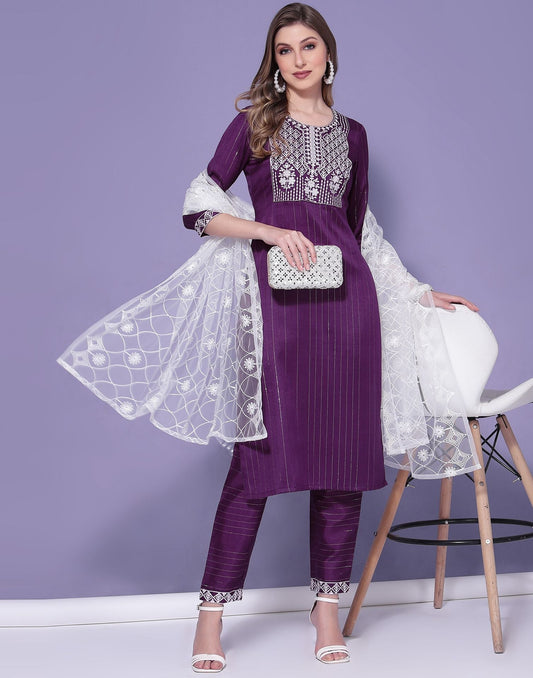 Wine Cotton Embroidery Straight Kurti With Pant And Dupatta | Sudathi